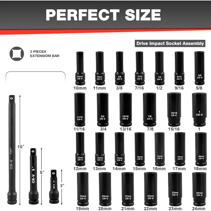 29pcs 1/2" Socket Set, Drive Deep Impact Socket Set, Including 3 ", 5", 10" Impact Extension Bar, Standard SAE (3/8 " - 1") - PCWLDASHRES