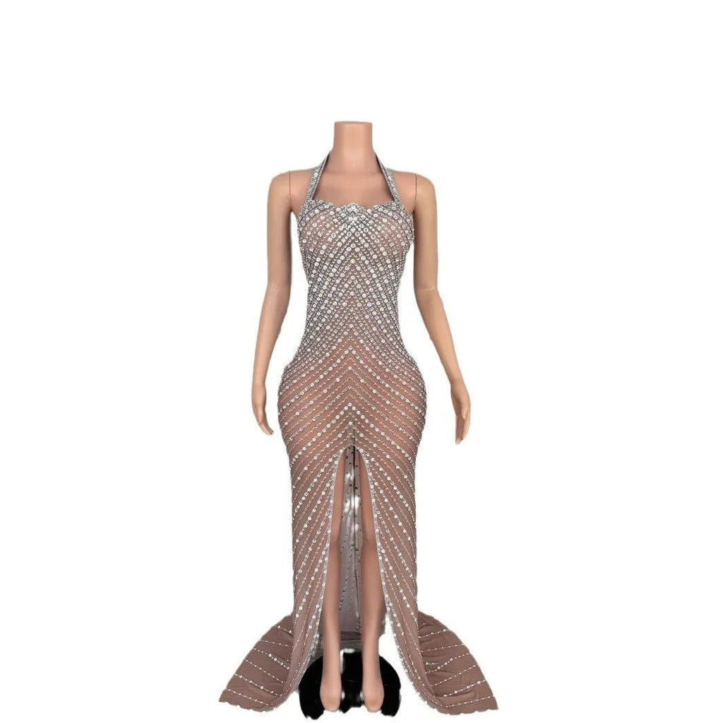 2025 Performance Clothes Female Group Rhinestone Waist Mesh Long Trailing Skirt Guest Model High - end Light Luxury Banquet Dress - PCWLDASHRES