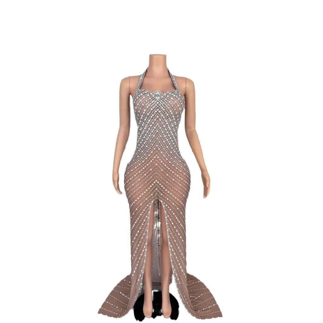 2025 Performance Clothes Female Group Rhinestone Waist Mesh Long Trailing Skirt Guest Model High - end Light Luxury Banquet Dress - PCWLDASHRES