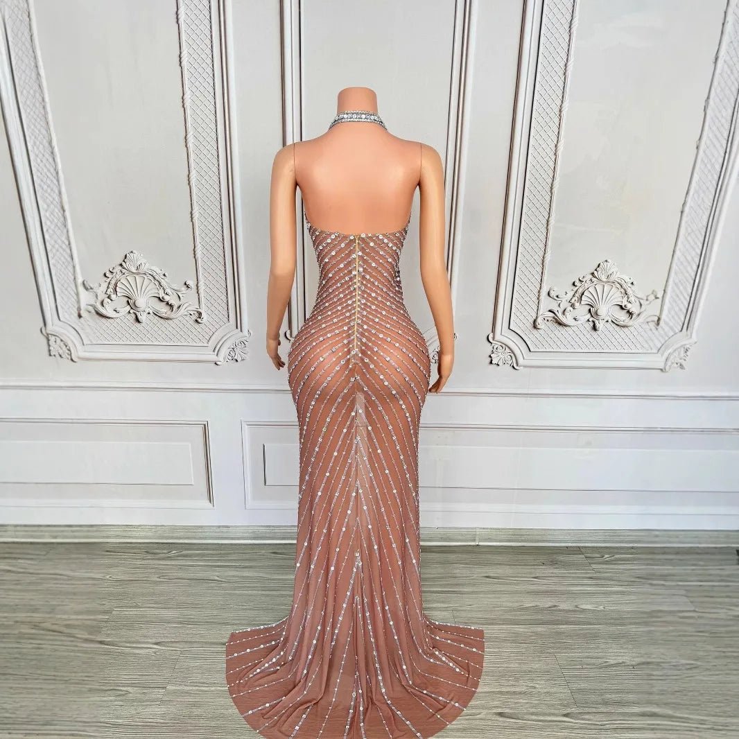 2025 Performance Clothes Female Group Rhinestone Waist Mesh Long Trailing Skirt Guest Model High - end Light Luxury Banquet Dress - PCWLDASHRES