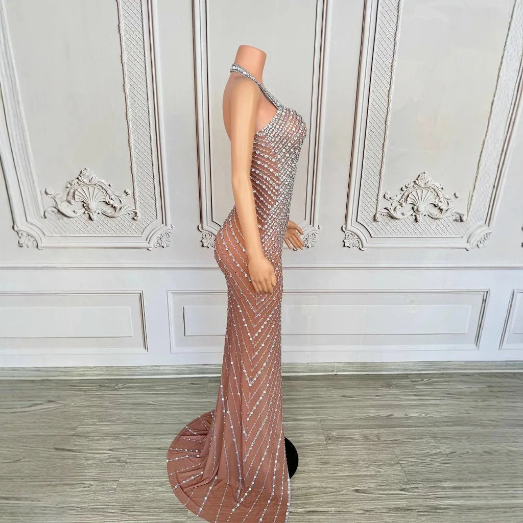 2025 Performance Clothes Female Group Rhinestone Waist Mesh Long Trailing Skirt Guest Model High - end Light Luxury Banquet Dress - PCWLDASHRES