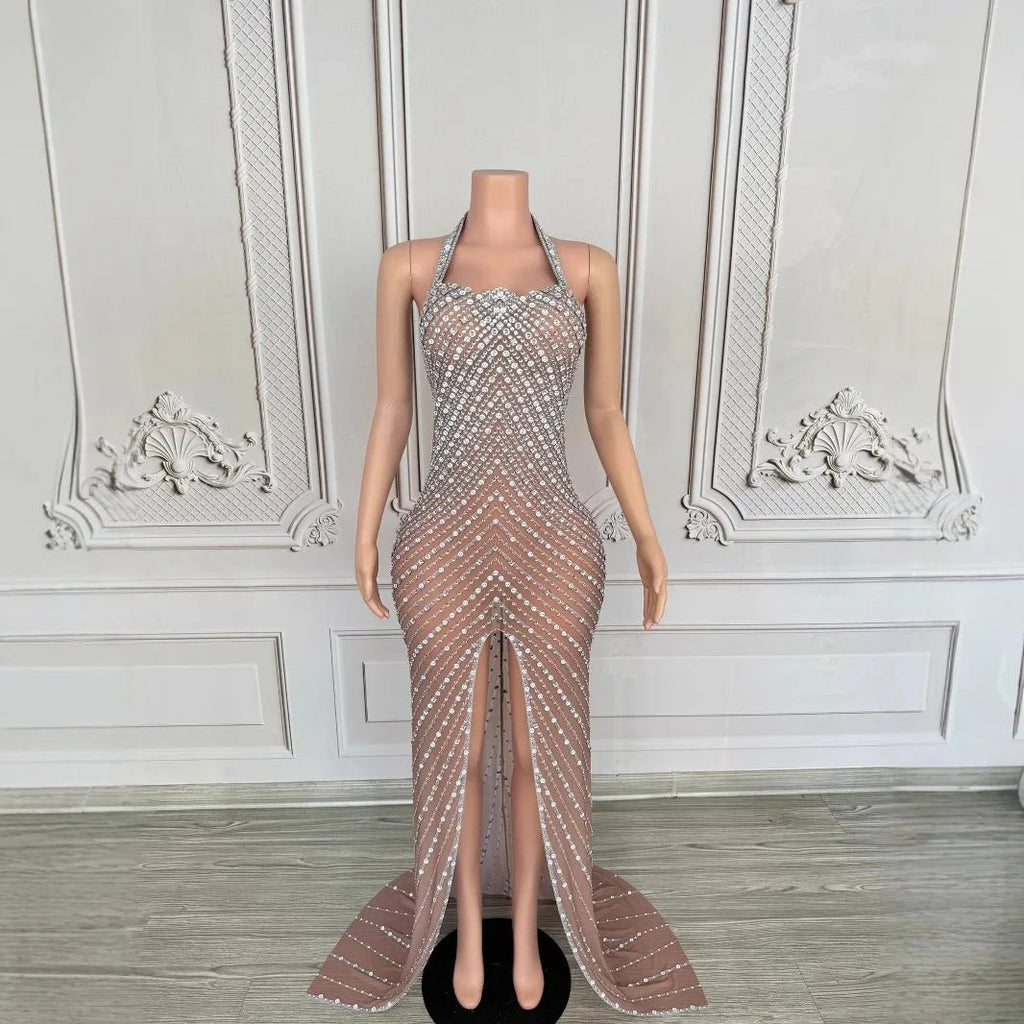 2025 Performance Clothes Female Group Rhinestone Waist Mesh Long Trailing Skirt Guest Model High - end Light Luxury Banquet Dress - PCWLDASHRES