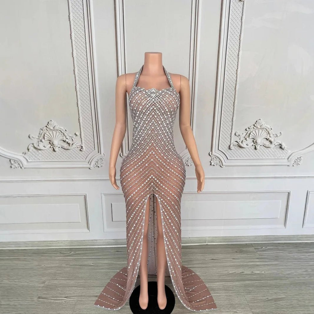 2025 Performance Clothes Female Group Rhinestone Waist Mesh Long Trailing Skirt Guest Model High - end Light Luxury Banquet Dress - PCWLDASHRES