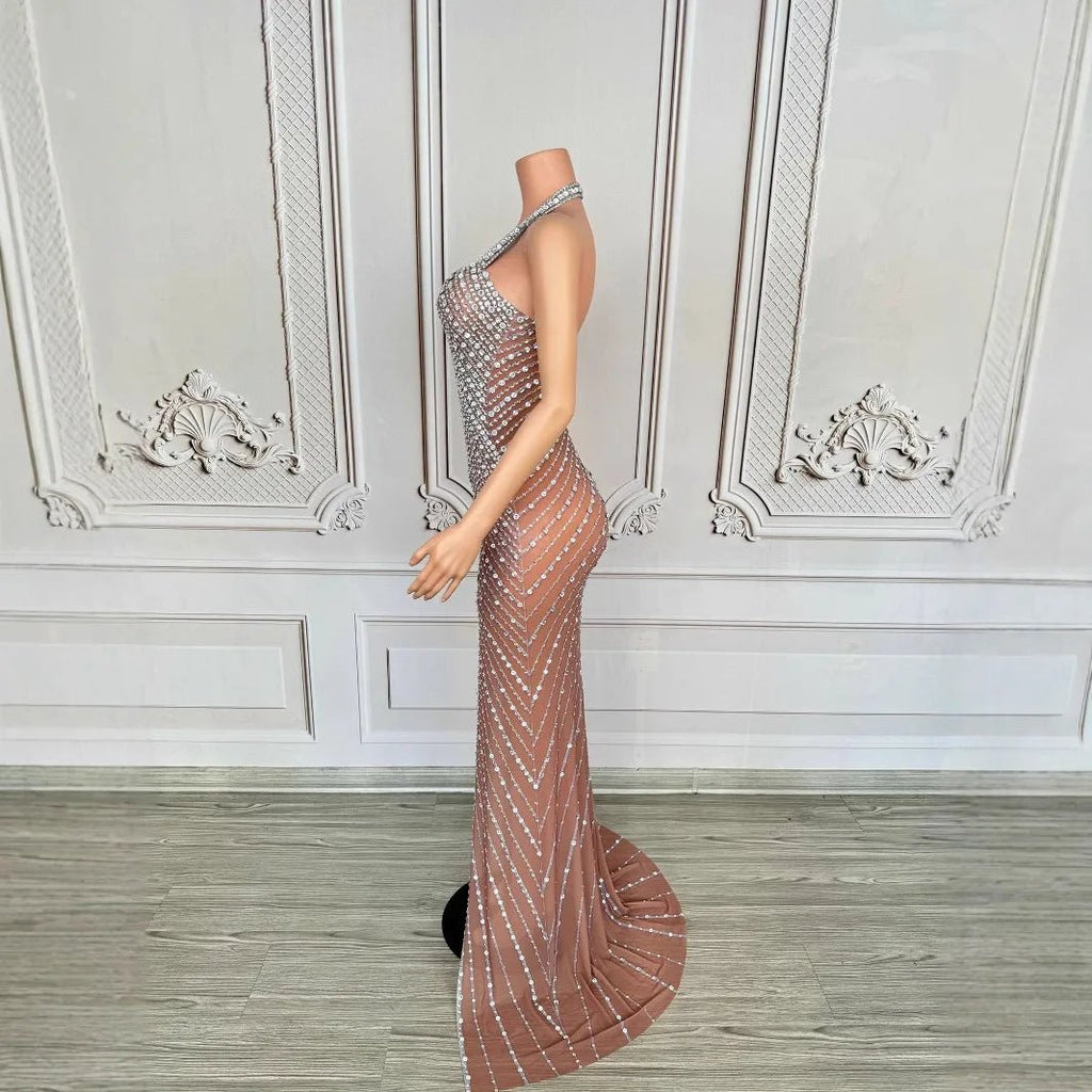 2025 Performance Clothes Female Group Rhinestone Waist Mesh Long Trailing Skirt Guest Model High - end Light Luxury Banquet Dress - PCWLDASHRES