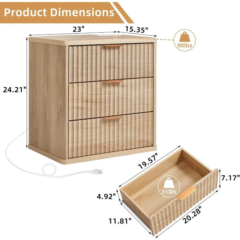 23" Wide Fluted Farmhouse Night Stand Set of 2 with Charging Station, 3 Drawers Large End Table w/Metal Handle, Natural - PCWLDASHRES