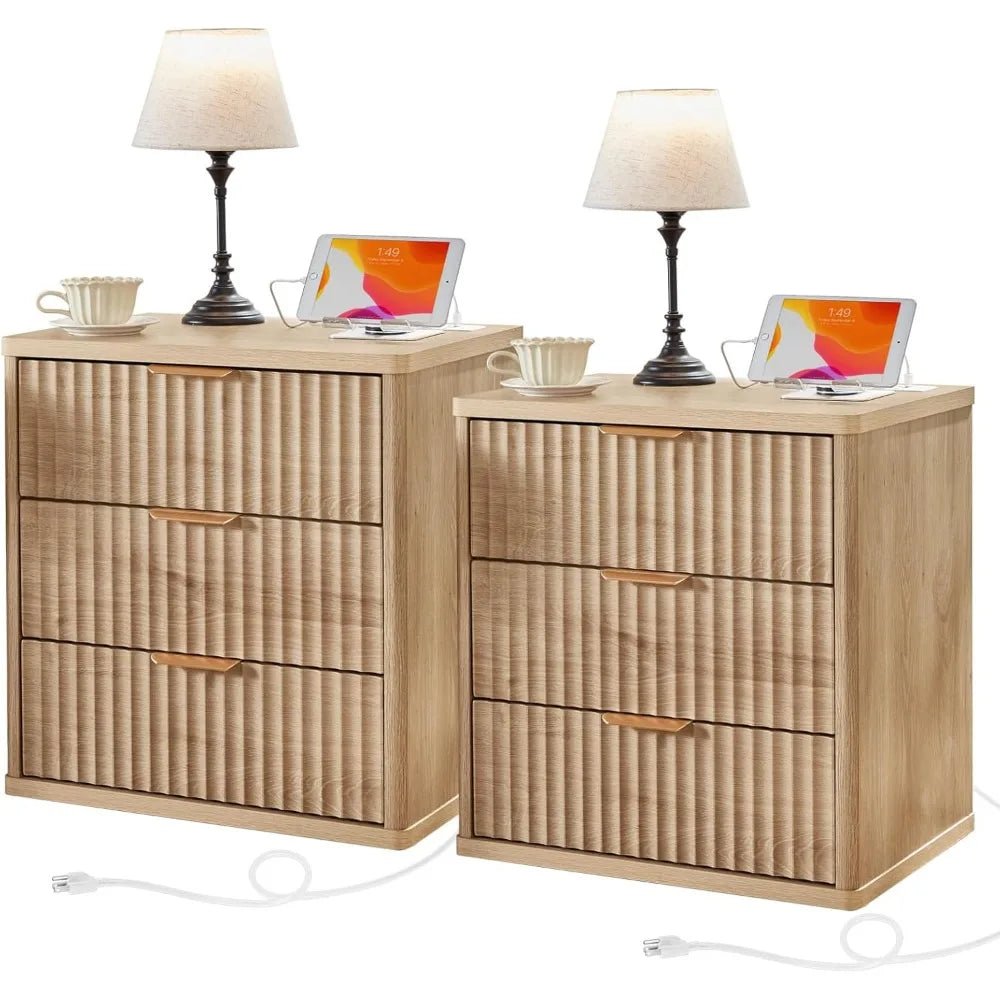 23" Wide Fluted Farmhouse Night Stand Set of 2 with Charging Station, 3 Drawers Large End Table w/Metal Handle, Natural - PCWLDASHRES