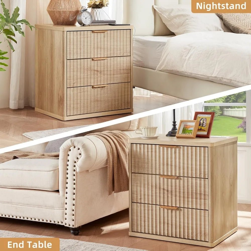 23" Wide Fluted Farmhouse Night Stand Set of 2 with Charging Station, 3 Drawers Large End Table w/Metal Handle, Natural - PCWLDASHRES