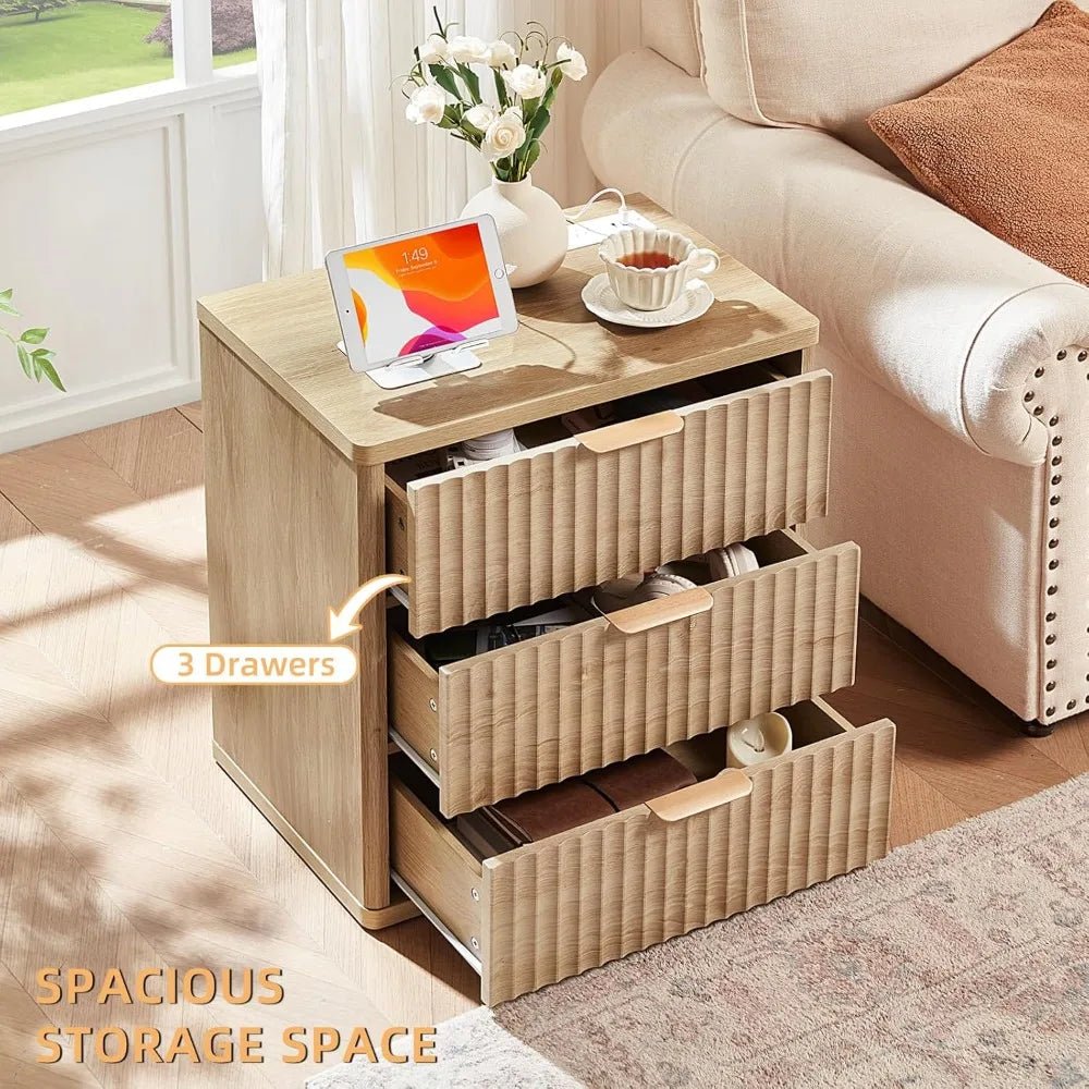 23" Wide Fluted Farmhouse Night Stand Set of 2 with Charging Station, 3 Drawers Large End Table w/Metal Handle, Natural - PCWLDASHRES