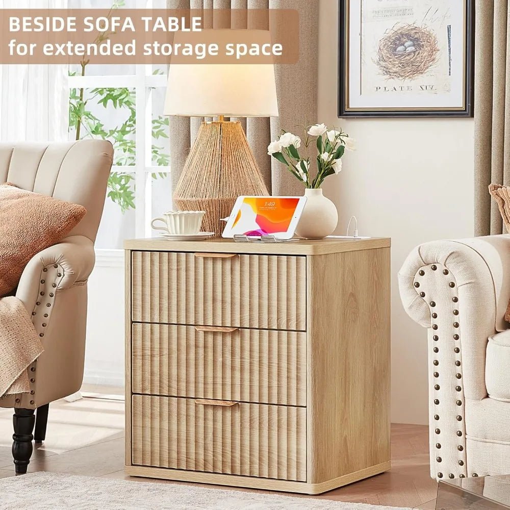 23" Wide Fluted Farmhouse Night Stand Set of 2 with Charging Station, 3 Drawers Large End Table w/Metal Handle, Natural - PCWLDASHRES