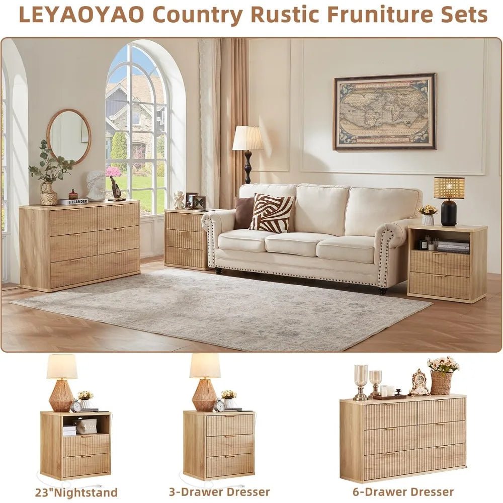 23" Wide Fluted Farmhouse Night Stand Set of 2 with Charging Station, 3 Drawers Large End Table w/Metal Handle, Natural - PCWLDASHRES