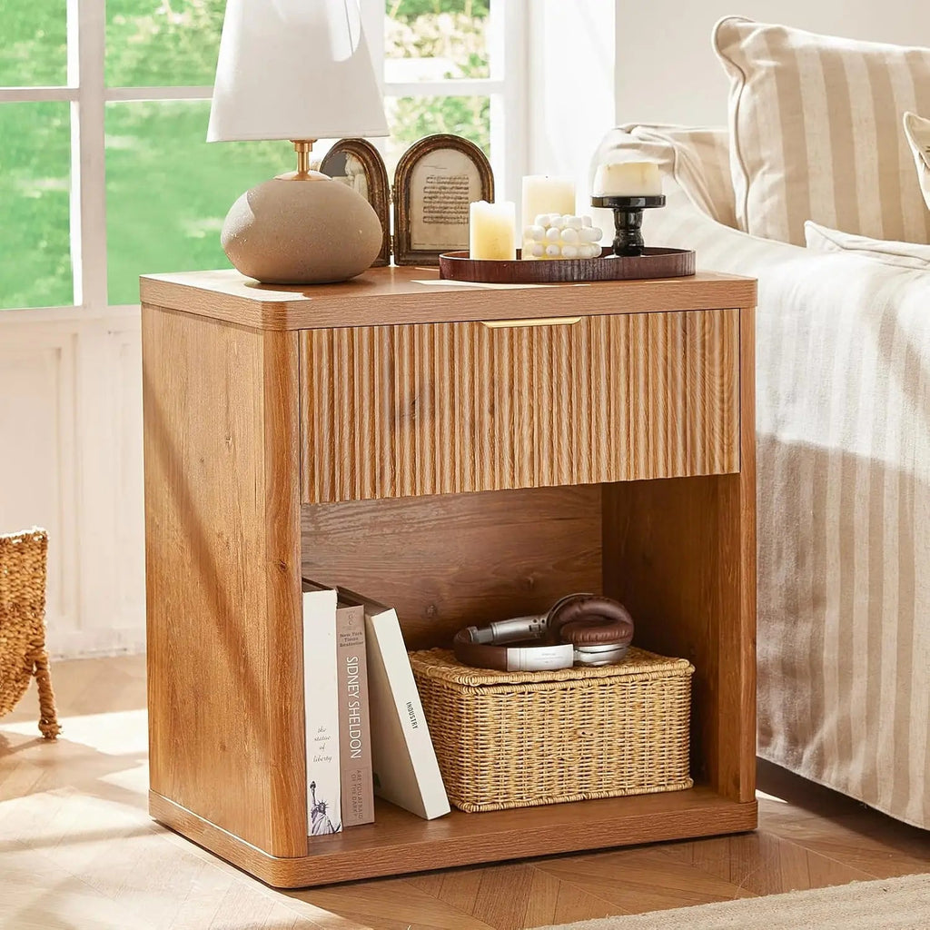 23" Wide Fluted Farmhouse Night Stand Set of 2 with Charging Station, 3 Drawers Large End Table w/Metal Handle, Natural - PCWLDASHRES