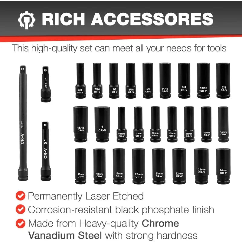 29pcs 1/2" Socket Set, Drive Deep Impact Socket Set, Including 3 ", 5", 10" Impact Extension Bar, Standard SAE (3/8 " - 1") - PCWLDASHRES