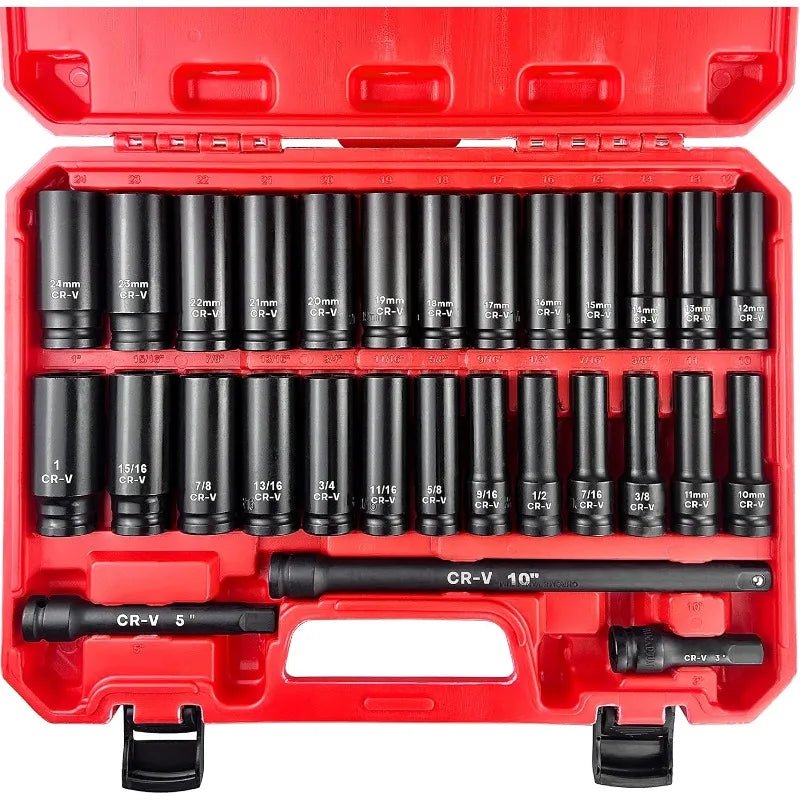 29pcs 1/2" Socket Set, Drive Deep Impact Socket Set, Including 3 ", 5", 10" Impact Extension Bar, Standard SAE (3/8 " - 1") - PCWLDASHRES