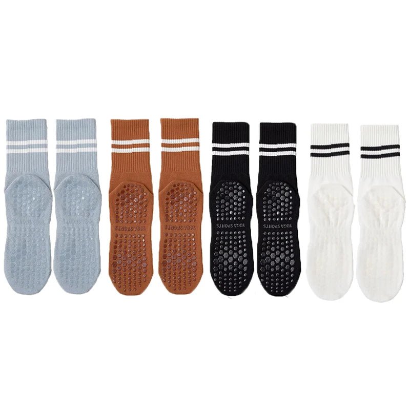 4 Pairs of Mid Tube Double Bar Striped Yoga Socks Anti Slip Dance Sports Breathable Socks Fitness Pilates Cotton Socks - PCWLDASHRES
