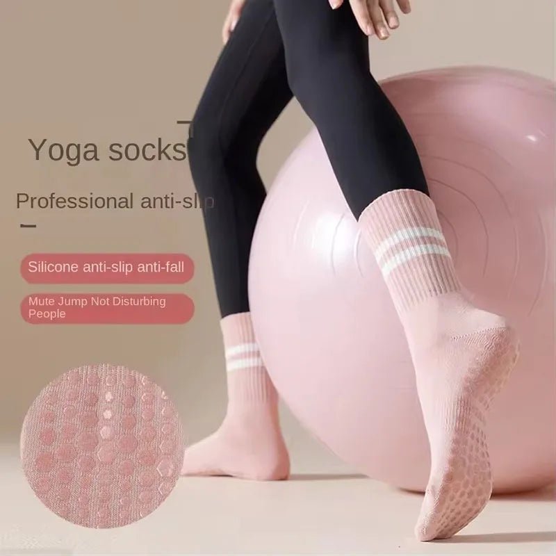 4 Pairs of Mid Tube Double Bar Striped Yoga Socks Anti Slip Dance Sports Breathable Socks Fitness Pilates Cotton Socks - PCWLDASHRES
