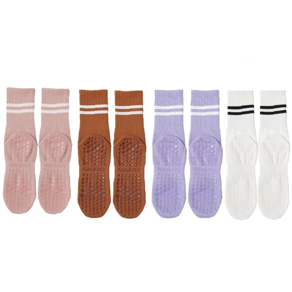 4 Pairs of Mid Tube Double Bar Striped Yoga Socks Anti Slip Dance Sports Breathable Socks Fitness Pilates Cotton Socks - PCWLDASHRES