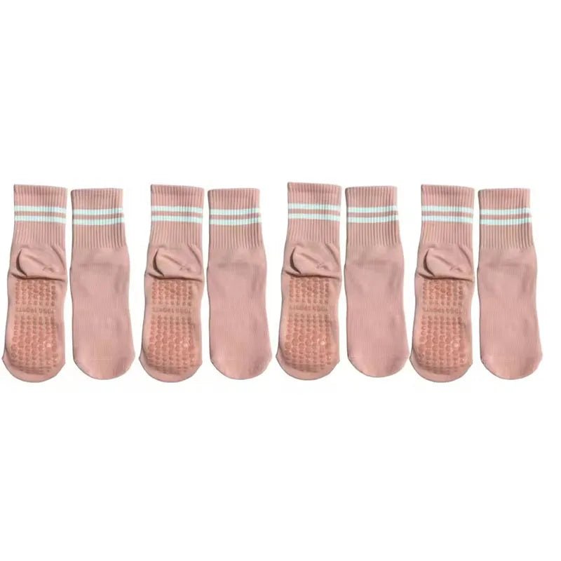 4 Pairs of Mid Tube Double Bar Striped Yoga Socks Anti Slip Dance Sports Breathable Socks Fitness Pilates Cotton Socks - PCWLDASHRES