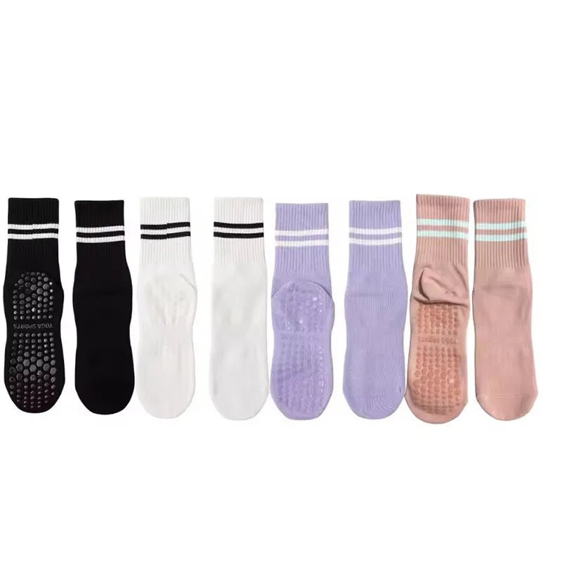 4 Pairs of Mid Tube Double Bar Striped Yoga Socks Anti Slip Dance Sports Breathable Socks Fitness Pilates Cotton Socks - PCWLDASHRES