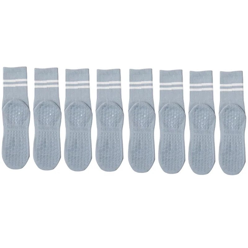 4 Pairs of Mid Tube Double Bar Striped Yoga Socks Anti Slip Dance Sports Breathable Socks Fitness Pilates Cotton Socks - PCWLDASHRES
