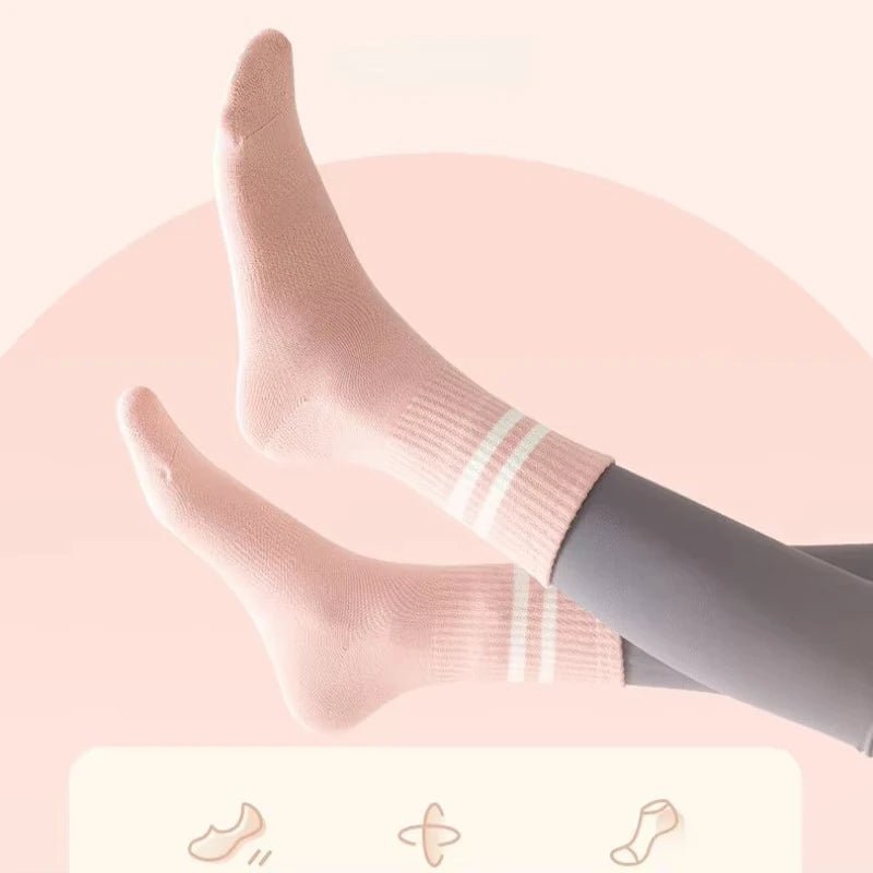 4 Pairs of Mid Tube Double Bar Striped Yoga Socks Anti Slip Dance Sports Breathable Socks Fitness Pilates Cotton Socks - PCWLDASHRES