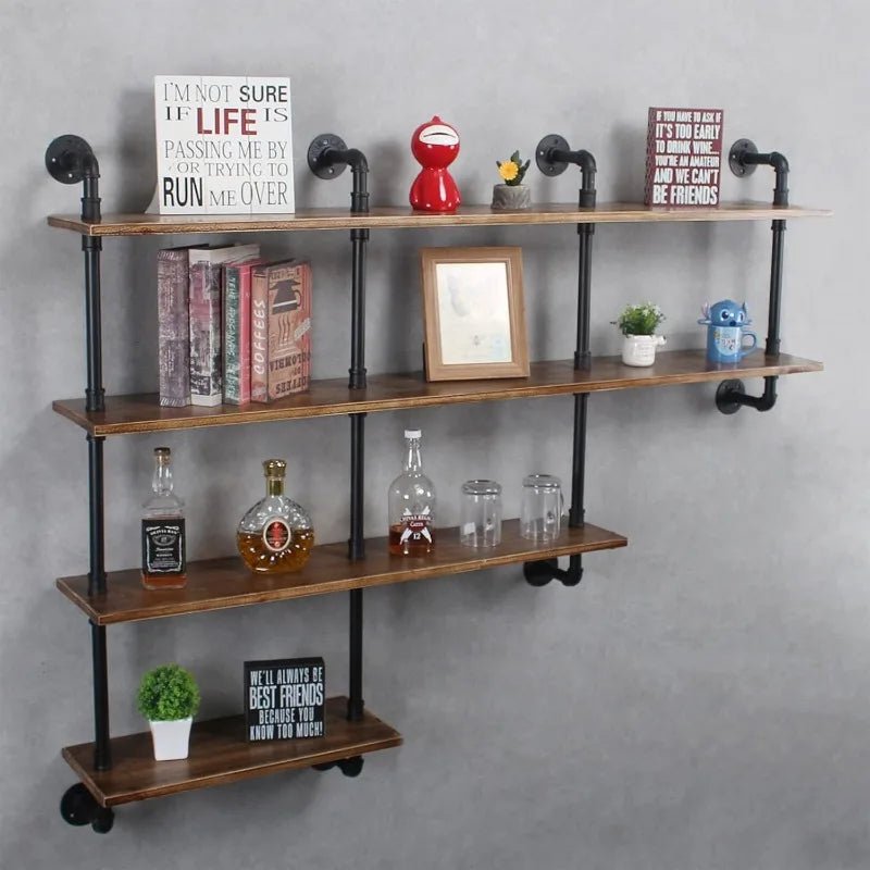 4 - Tiers 63inch Industrial Pipe Shelving,Rustic Floating Shelves,Shelves Wall Mount With Wine Rack,Decorative Accent Wall - PCWLDASHRES