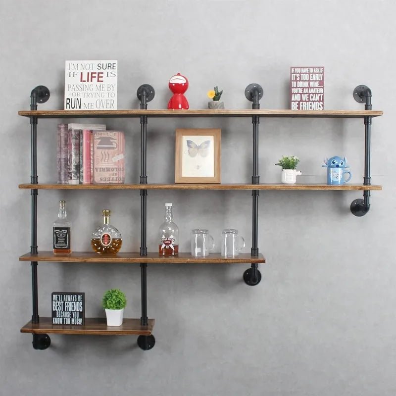 4 - Tiers 63inch Industrial Pipe Shelving,Rustic Floating Shelves,Shelves Wall Mount With Wine Rack,Decorative Accent Wall - PCWLDASHRES
