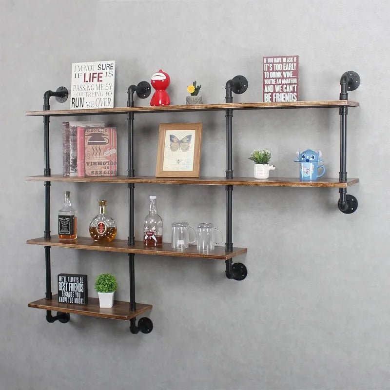 4 - Tiers 63inch Industrial Pipe Shelving,Rustic Floating Shelves,Shelves Wall Mount With Wine Rack,Decorative Accent Wall - PCWLDASHRES