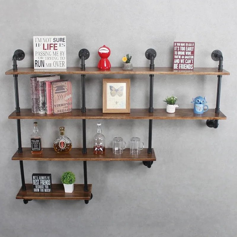 4 - Tiers 63inch Industrial Pipe Shelving,Rustic Floating Shelves,Shelves Wall Mount With Wine Rack,Decorative Accent Wall - PCWLDASHRES