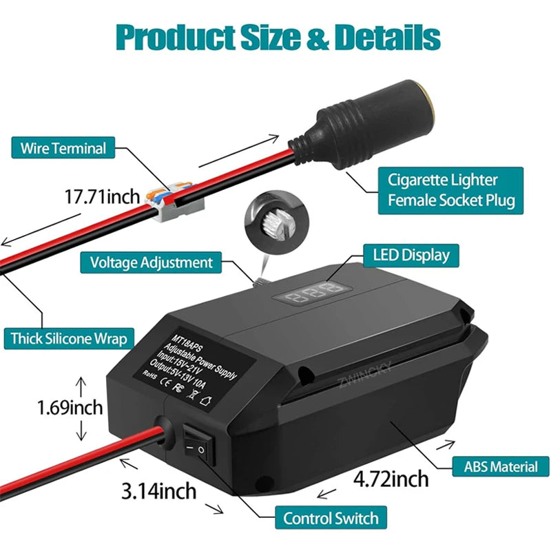 18V To 5-13V Step Down Converter For Makita/Dewalt/Milwauke/Bosch/Einhell 18V Battery Cigarette Lighter Adapte Voltage Regulator