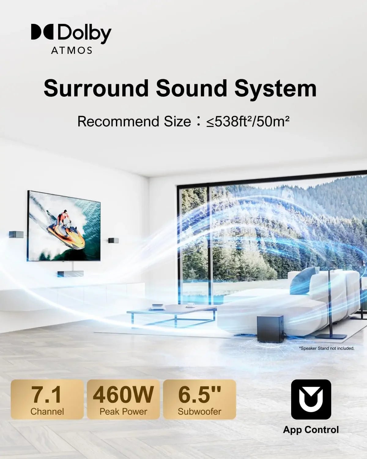 5.1 CH Surround Sound Bar with Dolby Audio, Sound Bars for TV,Wireless Subwoofer & Rear Speaker,Dolby Digital Plus,Bluetooth 5.3 - PCWLDASHRES