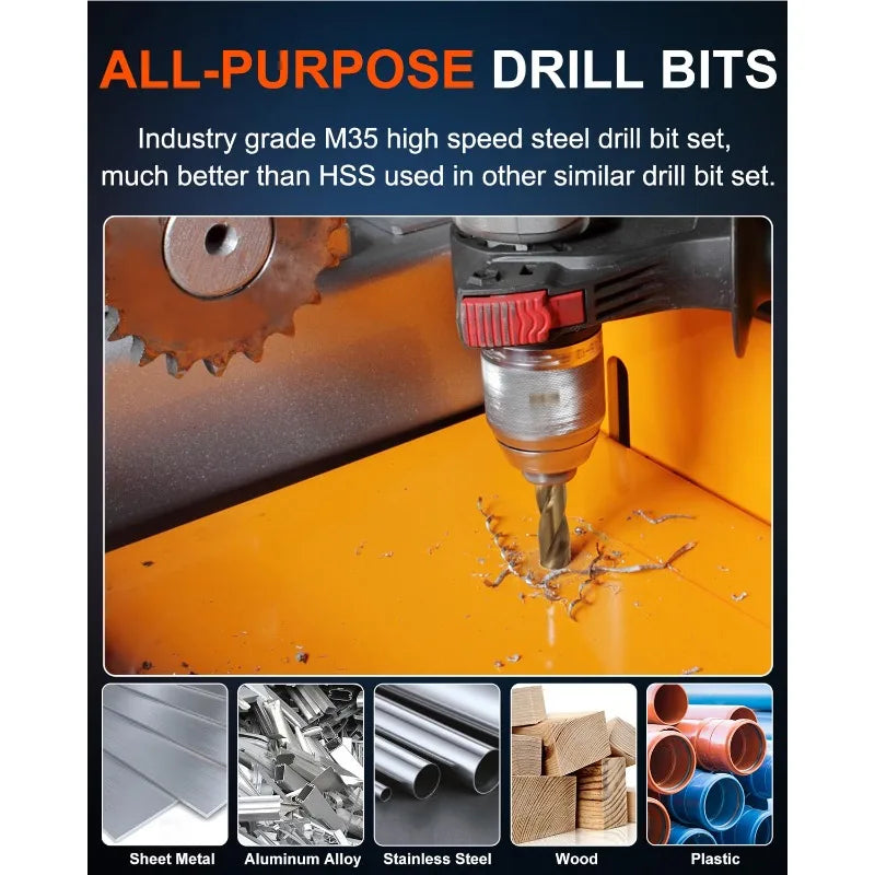 115Pcs Drill Bit Set (1/16"-1/2"), M35 HSS Twist Drill Bits, Jobber Length, Straight Shank, Metal Drills Bit Set