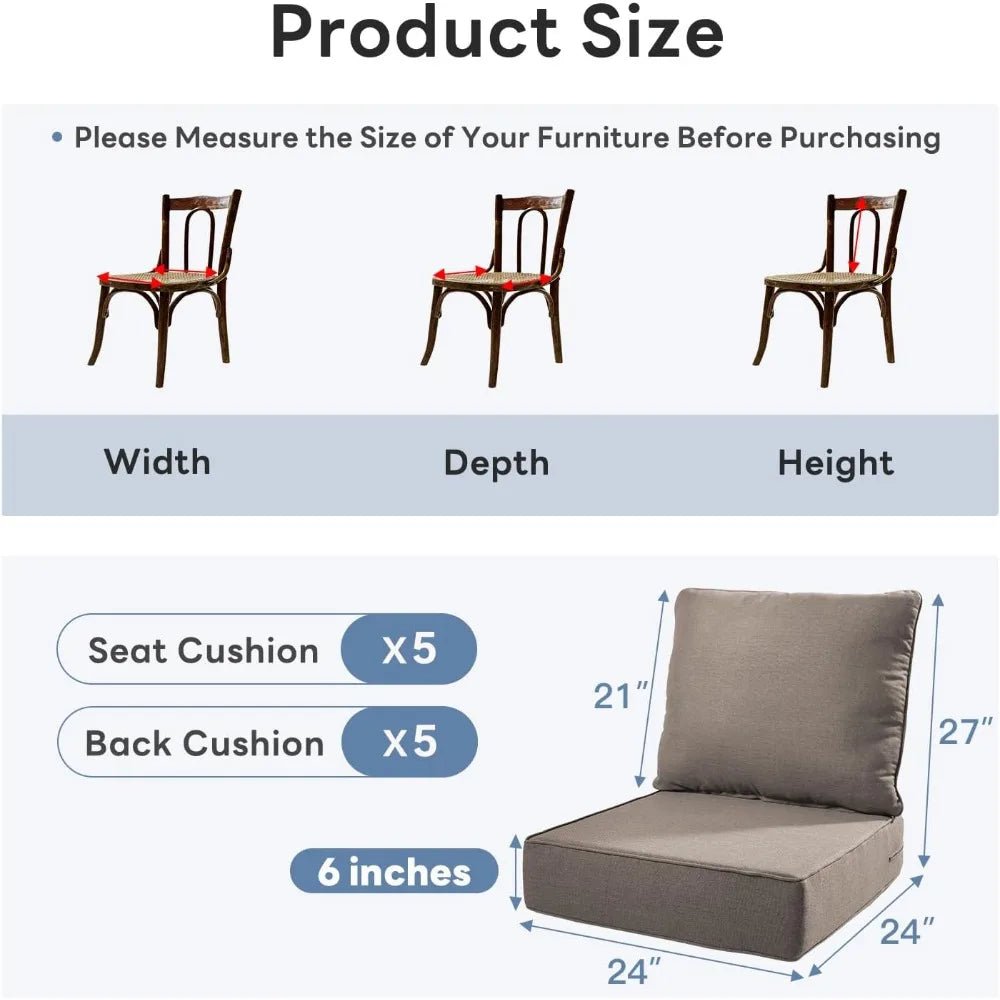 6" Thicker Outdoor Chair Cushion 5 Sets - 24" *24" *6" Waterproof Patio Furniture Cushions with Removable Cover, 28D High - PCWLDASHRES