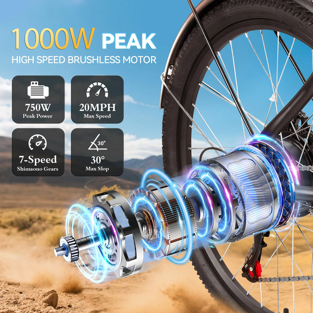 1000W Peak Motor Electric Bicycle for Adult,26" Tires 50Miles Range Electric Bike,20MPH,48V Battery E-bike