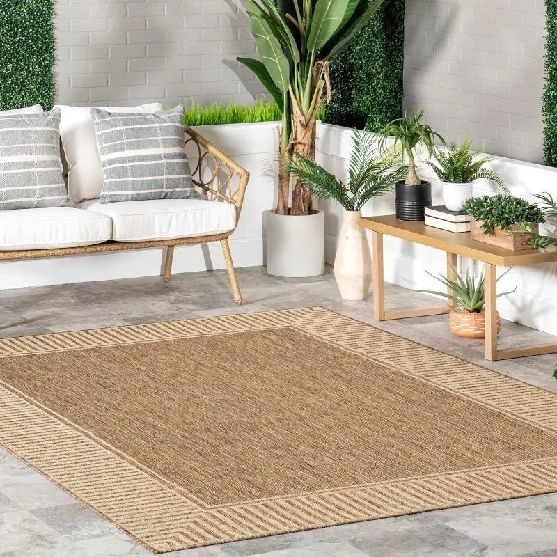 9'6" X 12' Outdoor Area Rug, Casual Design With Striped Border, Stain Resistant, Highly Durable, For Patio, Balcony, Bedroom - PCWLDASHRES