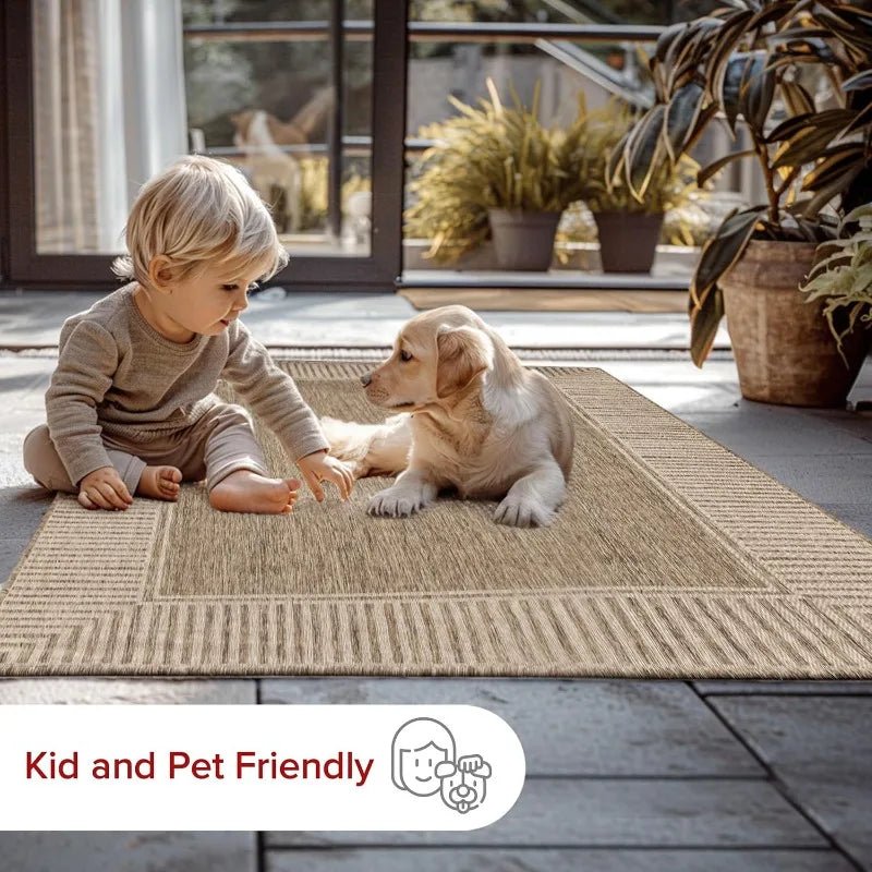 9'6" X 12' Outdoor Area Rug, Casual Design With Striped Border, Stain Resistant, Highly Durable, For Patio, Balcony, Bedroom - PCWLDASHRES