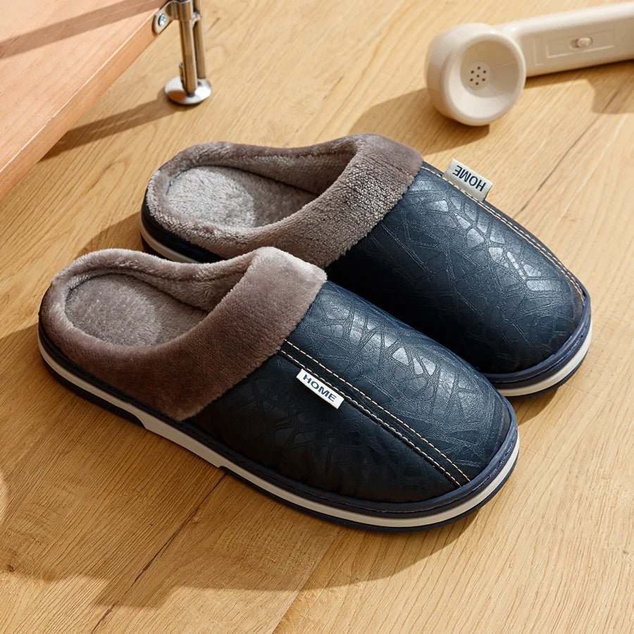 Big Size Winter Casual Men's Slippers Indoor Waterproof PU Leather Home Shoes Fur Flat Warm Fashion Bedroom Houseshoes - PCWLDASHRES