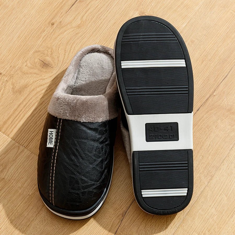 Big Size Winter Casual Men's Slippers Indoor Waterproof PU Leather Home Shoes Fur Flat Warm Fashion Bedroom Houseshoes - PCWLDASHRES
