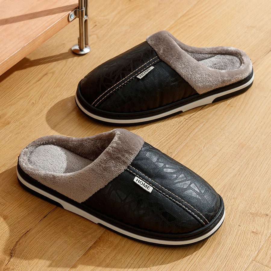 Big Size Winter Casual Men's Slippers Indoor Waterproof PU Leather Home Shoes Fur Flat Warm Fashion Bedroom Houseshoes - PCWLDASHRES