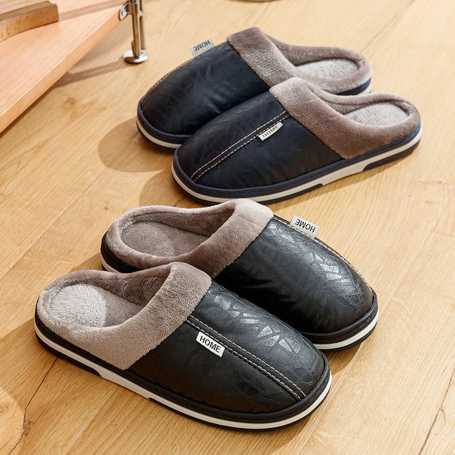 Big Size Winter Casual Men's Slippers Indoor Waterproof PU Leather Home Shoes Fur Flat Warm Fashion Bedroom Houseshoes - PCWLDASHRES