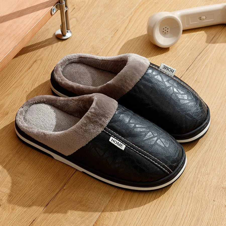 Big Size Winter Casual Men's Slippers Indoor Waterproof PU Leather Home Shoes Fur Flat Warm Fashion Bedroom Houseshoes - PCWLDASHRES
