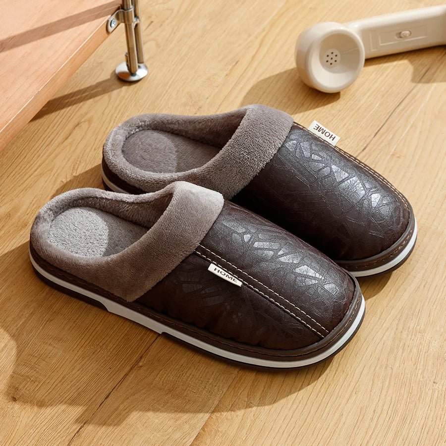 Big Size Winter Casual Men's Slippers Indoor Waterproof PU Leather Home Shoes Fur Flat Warm Fashion Bedroom Houseshoes - PCWLDASHRES