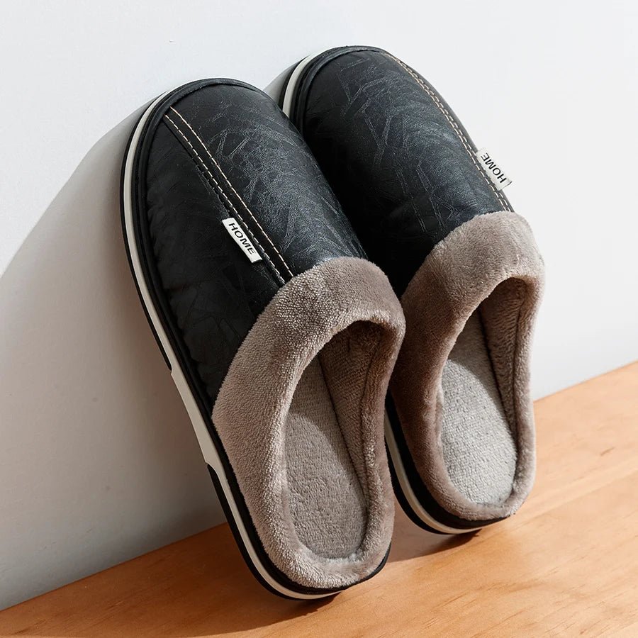 Big Size Winter Casual Men's Slippers Indoor Waterproof PU Leather Home Shoes Fur Flat Warm Fashion Bedroom Houseshoes - PCWLDASHRES