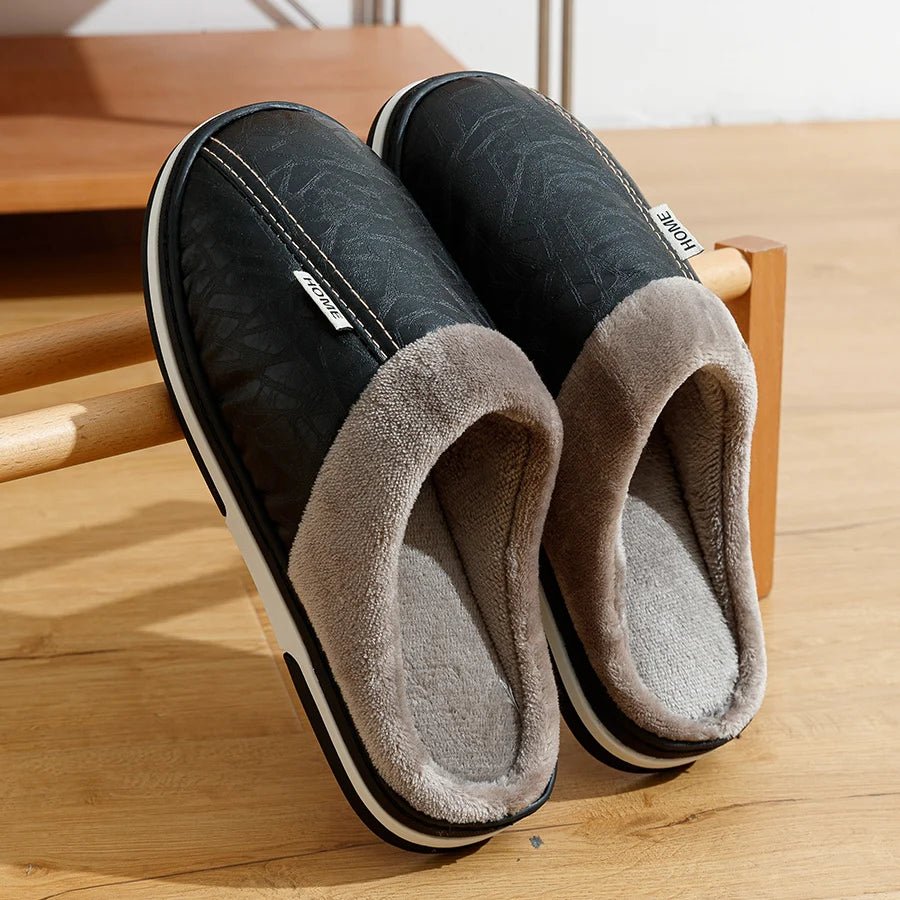 Big Size Winter Casual Men's Slippers Indoor Waterproof PU Leather Home Shoes Fur Flat Warm Fashion Bedroom Houseshoes - PCWLDASHRES