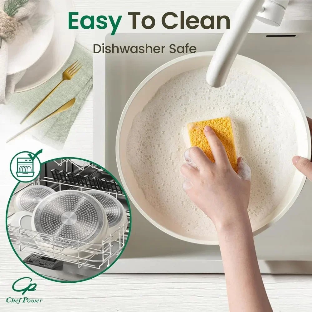 Ceramic Cookware Set Non Toxic with Detachable Handles, Healthy Nonstick Pans and Pots Set 19 Pcs,PFOA & PTFE Free,Cream White - PCWLDASHRES