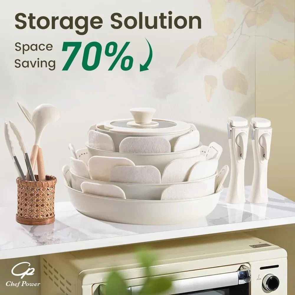 Ceramic Cookware Set Non Toxic with Detachable Handles, Healthy Nonstick Pans and Pots Set 19 Pcs,PFOA & PTFE Free,Cream White - PCWLDASHRES