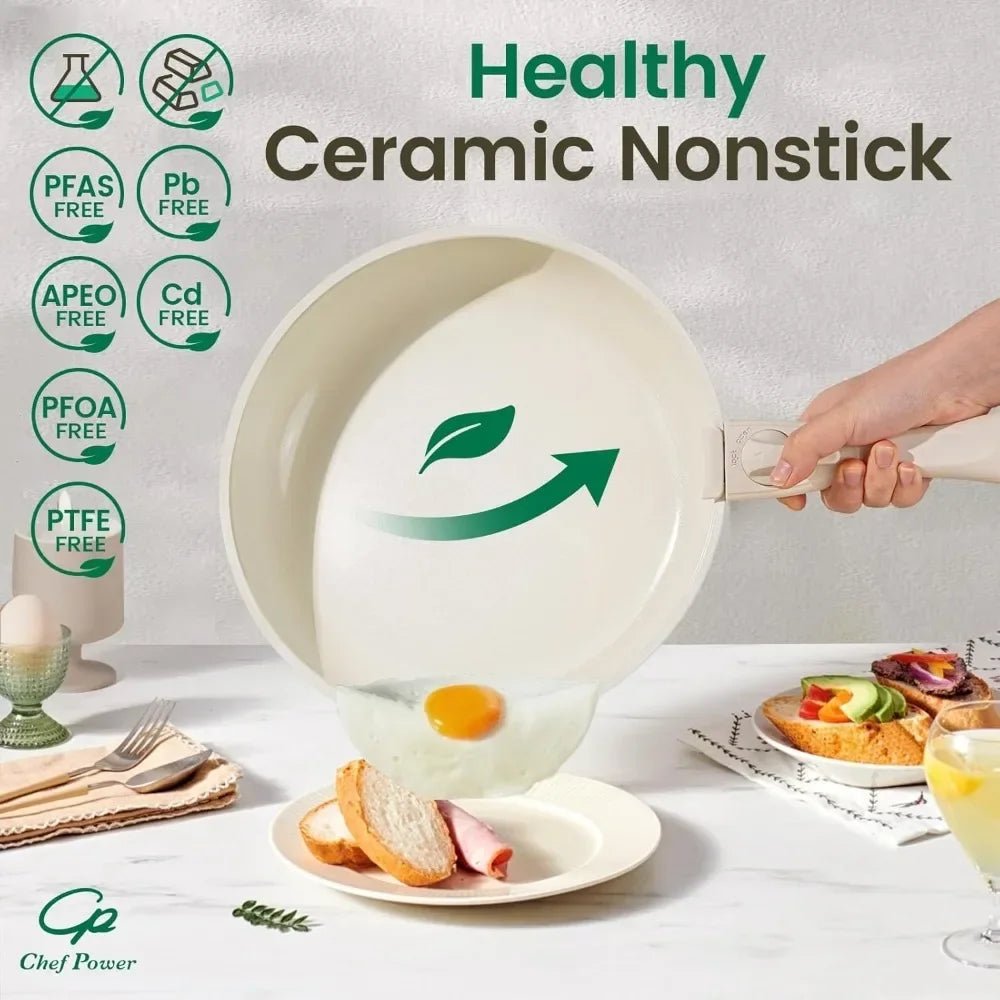 Ceramic Cookware Set Non Toxic with Detachable Handles, Healthy Nonstick Pans and Pots Set 19 Pcs,PFOA & PTFE Free,Cream White - PCWLDASHRES
