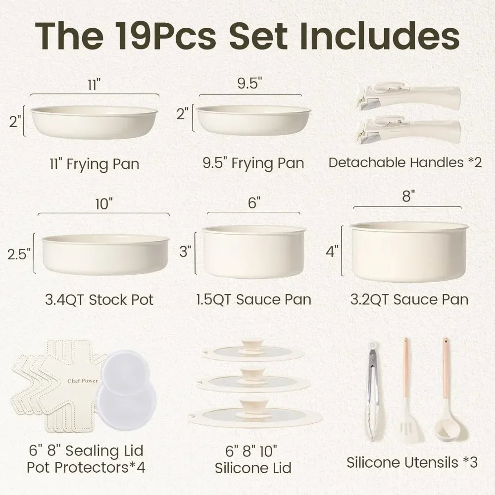 Ceramic Cookware Set Non Toxic with Detachable Handles, Healthy Nonstick Pans and Pots Set 19 Pcs,PFOA & PTFE Free,Cream White - PCWLDASHRES