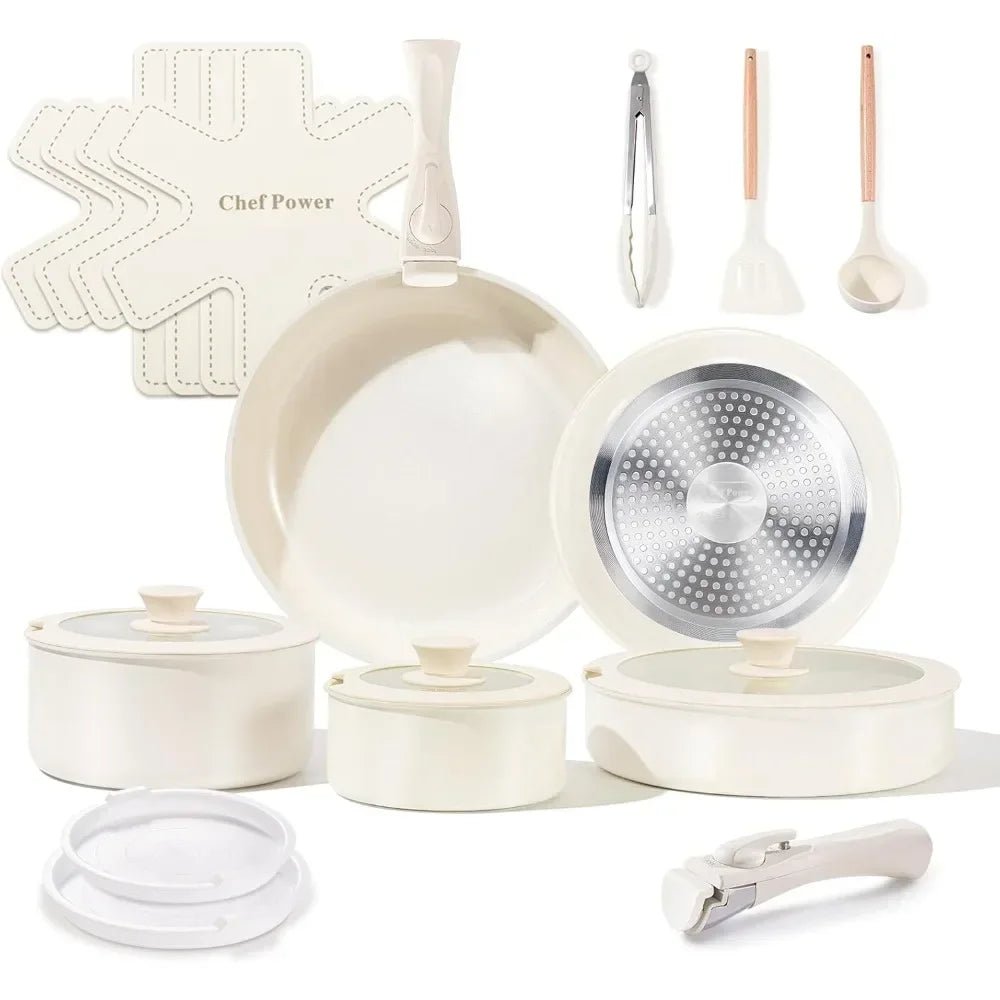 Ceramic Cookware Set Non Toxic with Detachable Handles, Healthy Nonstick Pans and Pots Set 19 Pcs,PFOA & PTFE Free,Cream White - PCWLDASHRES