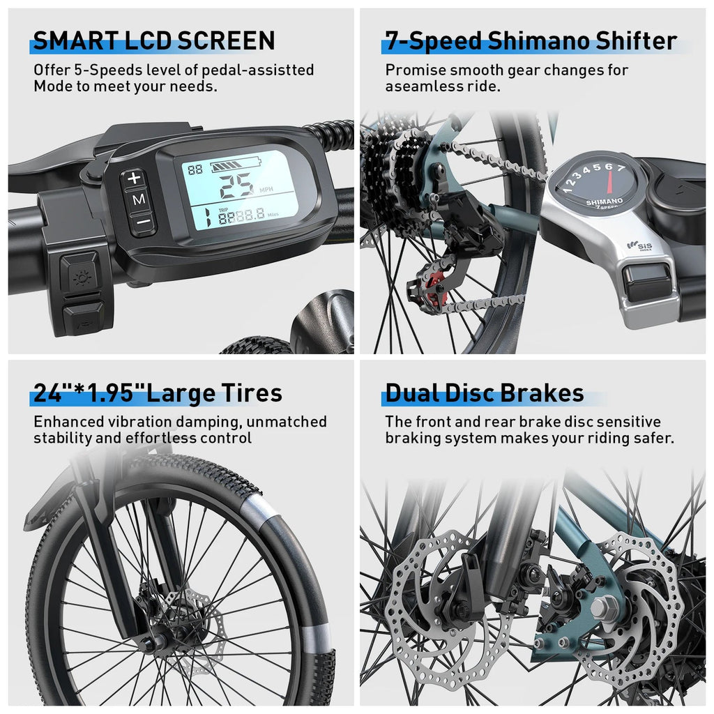 Commuter Electric Mountain Bike Electric Bicycles for Adults with 30 - Mile Range, 19 MPH, 500W Brushless Motor, 26" 24" Tires - PCWLDASHRES