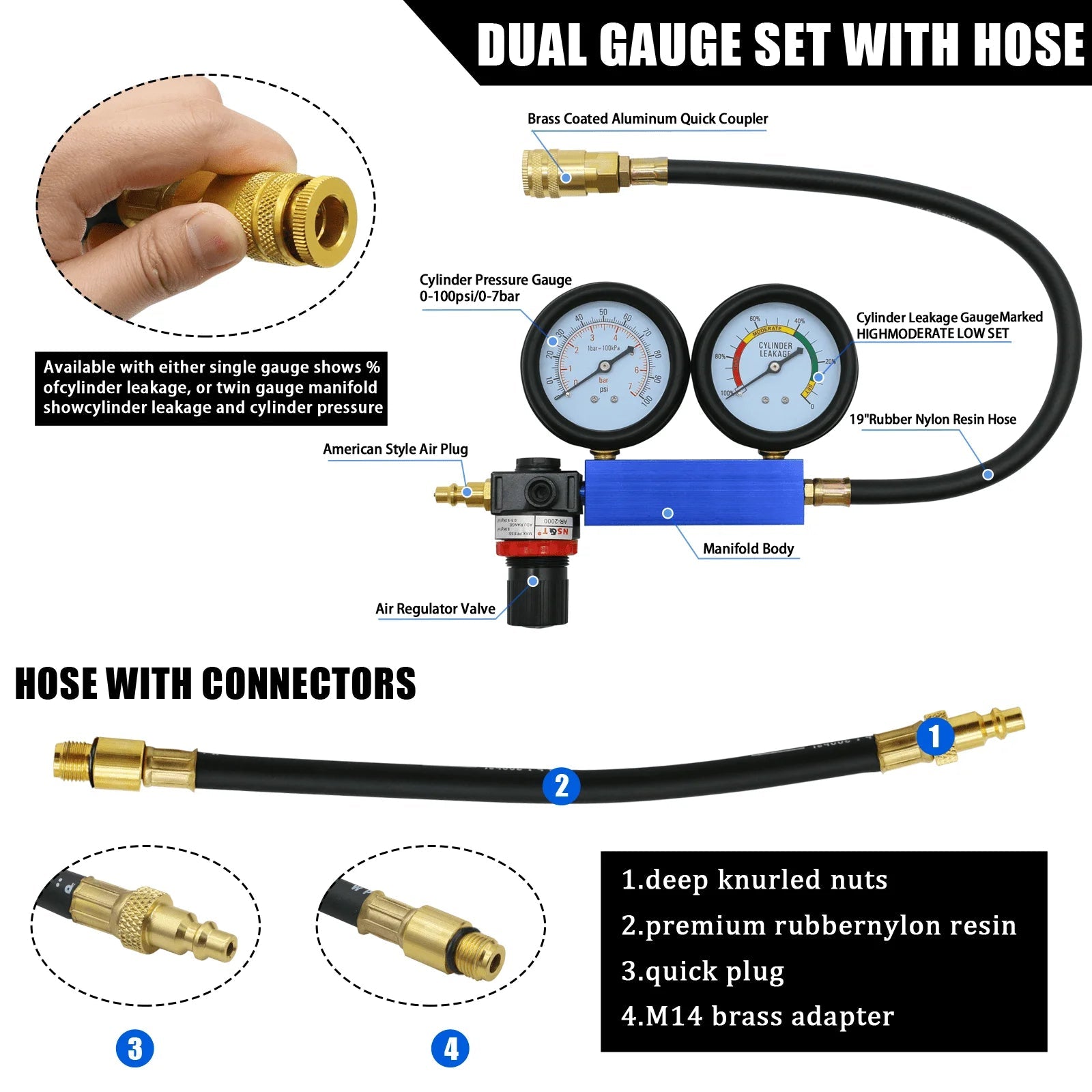 Cylinder Leak Down Tester Kit,Gasoline Engine Compression Tester,Dual Pressure Gauges Engine Compression Leakdown Detector for G - PCWLDASHRES